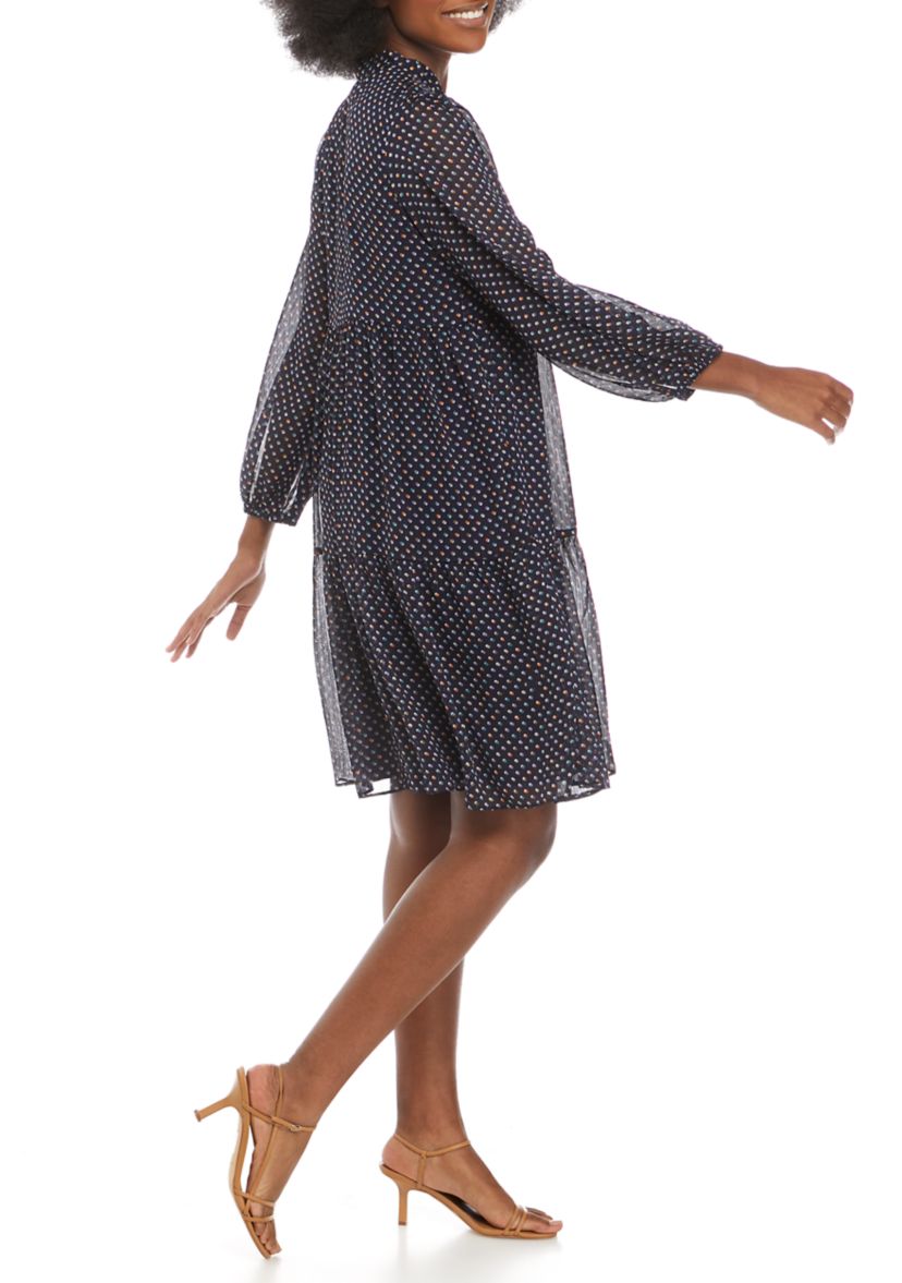 Womens Blouson Sleeve Polka Dot Tie Neck Dress
