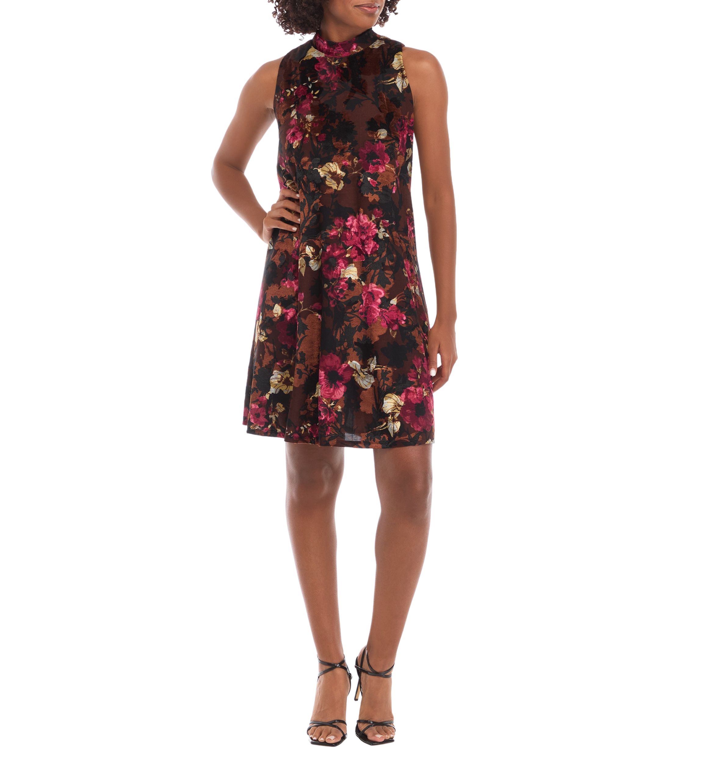 Womens Sleeveless Mock Neck Floral Print A-Line Dress