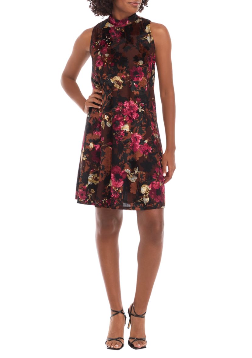 Womens Sleeveless Mock Neck Floral Print A-Line Dress