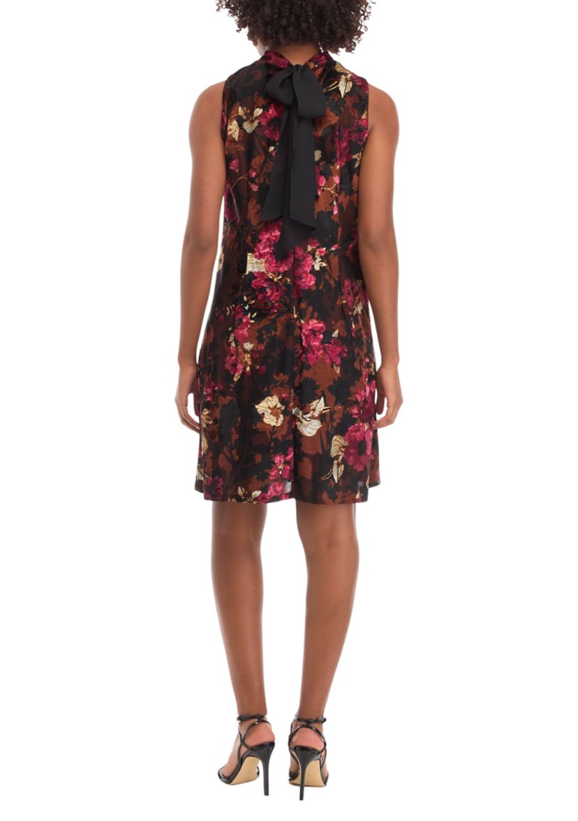 Womens Sleeveless Mock Neck Floral Print A-Line Dress