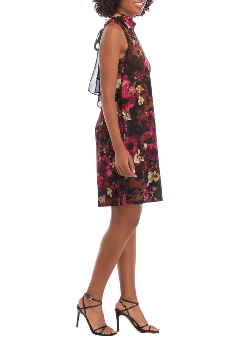 Womens Sleeveless Mock Neck Floral Print A-Line Dress
