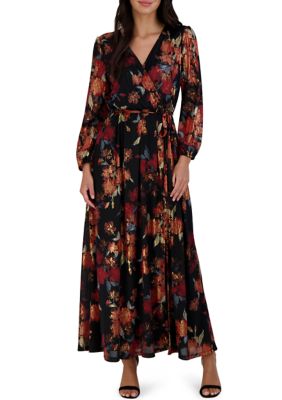 Robbie Bee Women s Long Sleeve Floral Printed Surplice Maxi Dress