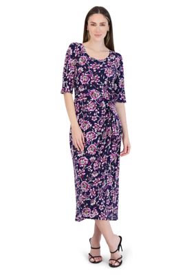 Women's Elbow Sleeve Crew Neck Floral Print Midi A-Line Dress