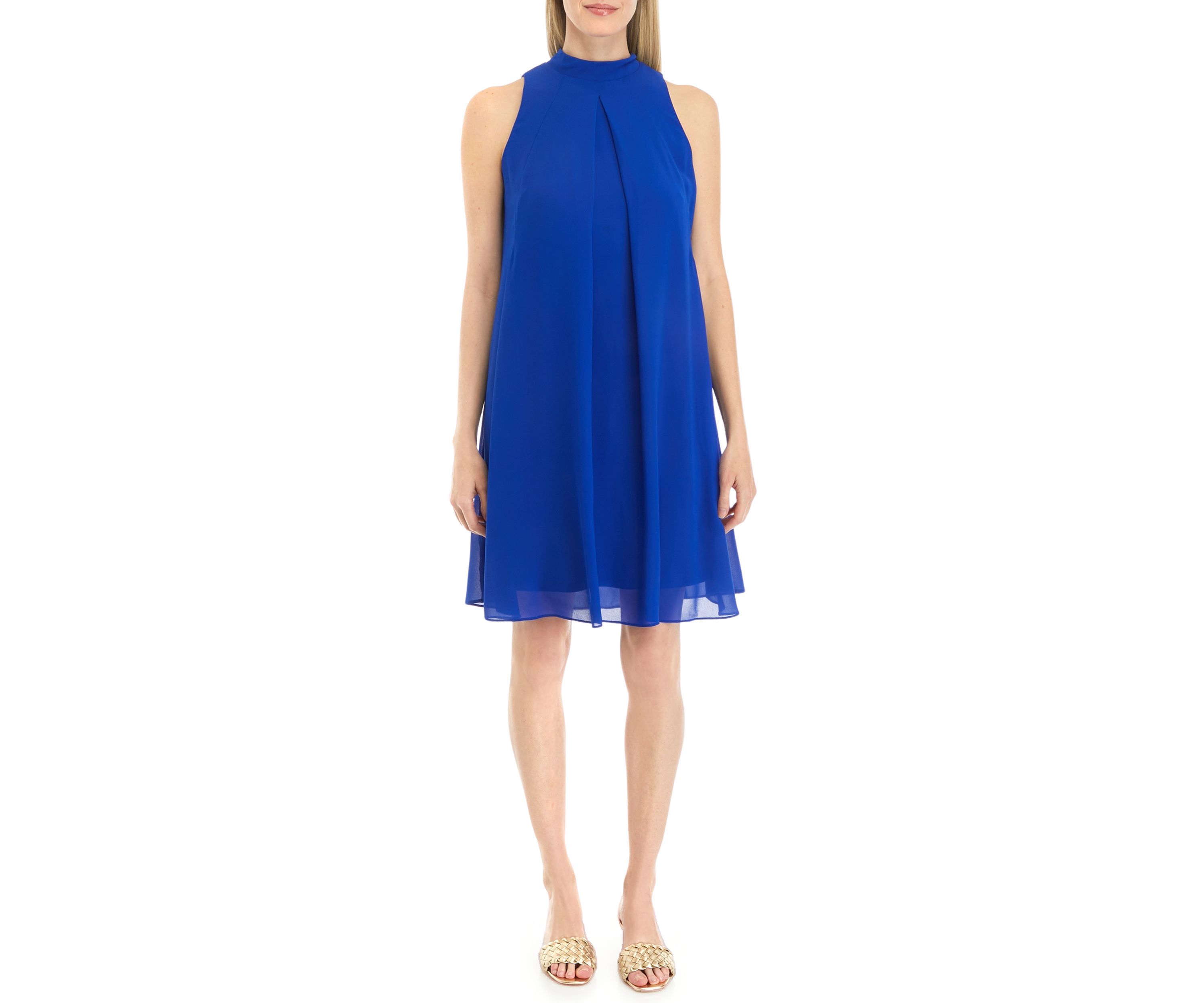 Womens Sleeveless Halter Solid Chiffon A-Line Dress