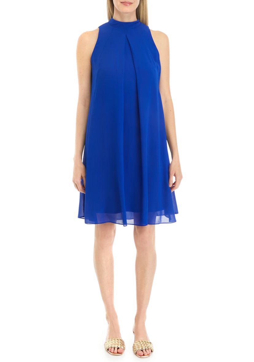 Womens Sleeveless Halter Solid Chiffon A-Line Dress