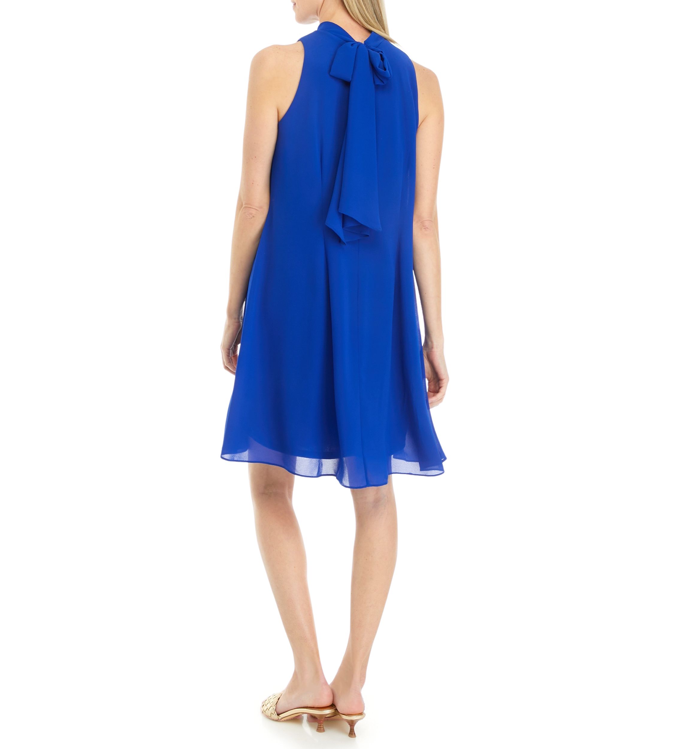 Womens Sleeveless Halter Solid Chiffon A-Line Dress