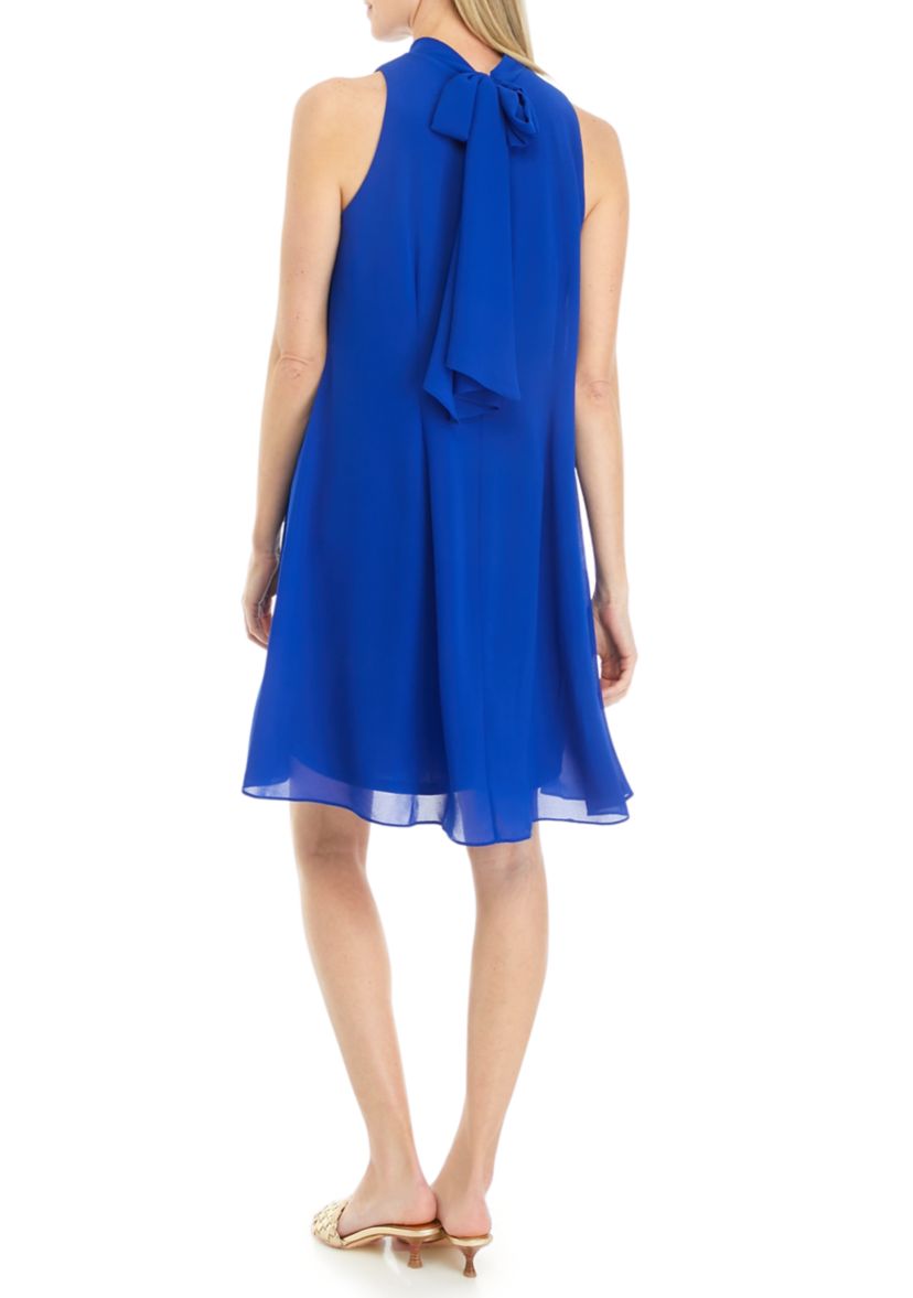 Womens Sleeveless Halter Solid Chiffon A-Line Dress