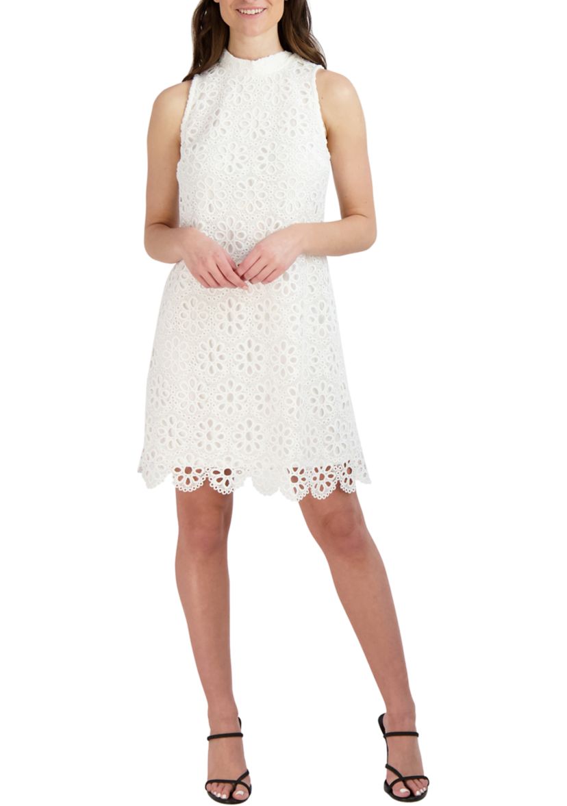 Womens Sleeveless Daisy Lace Mock Neck Dress