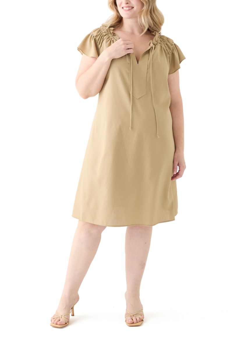 Plus Size Sleeveless Split Neck Linen A-Line Dress