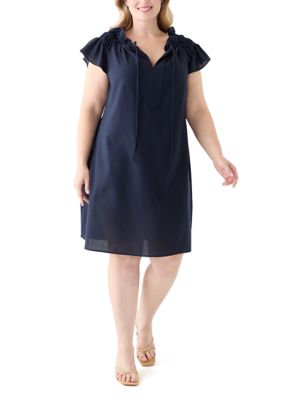 Robbie Bee Women's Plus Size Sleeveless Split Neck Linen A-Line Dress, Navy Blue, 3X