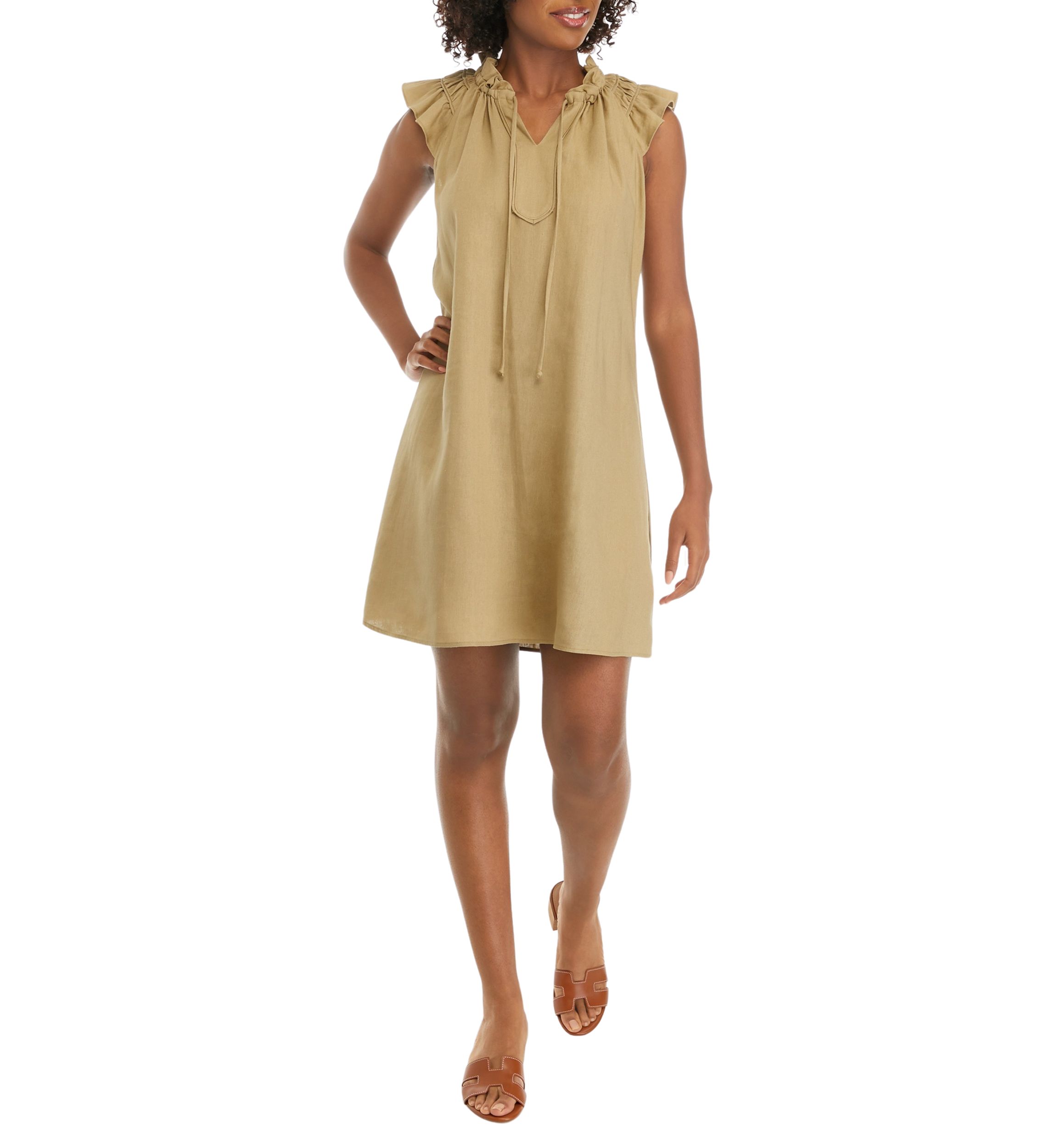 Womens Flutter Sleeve Linen A-Line Dress