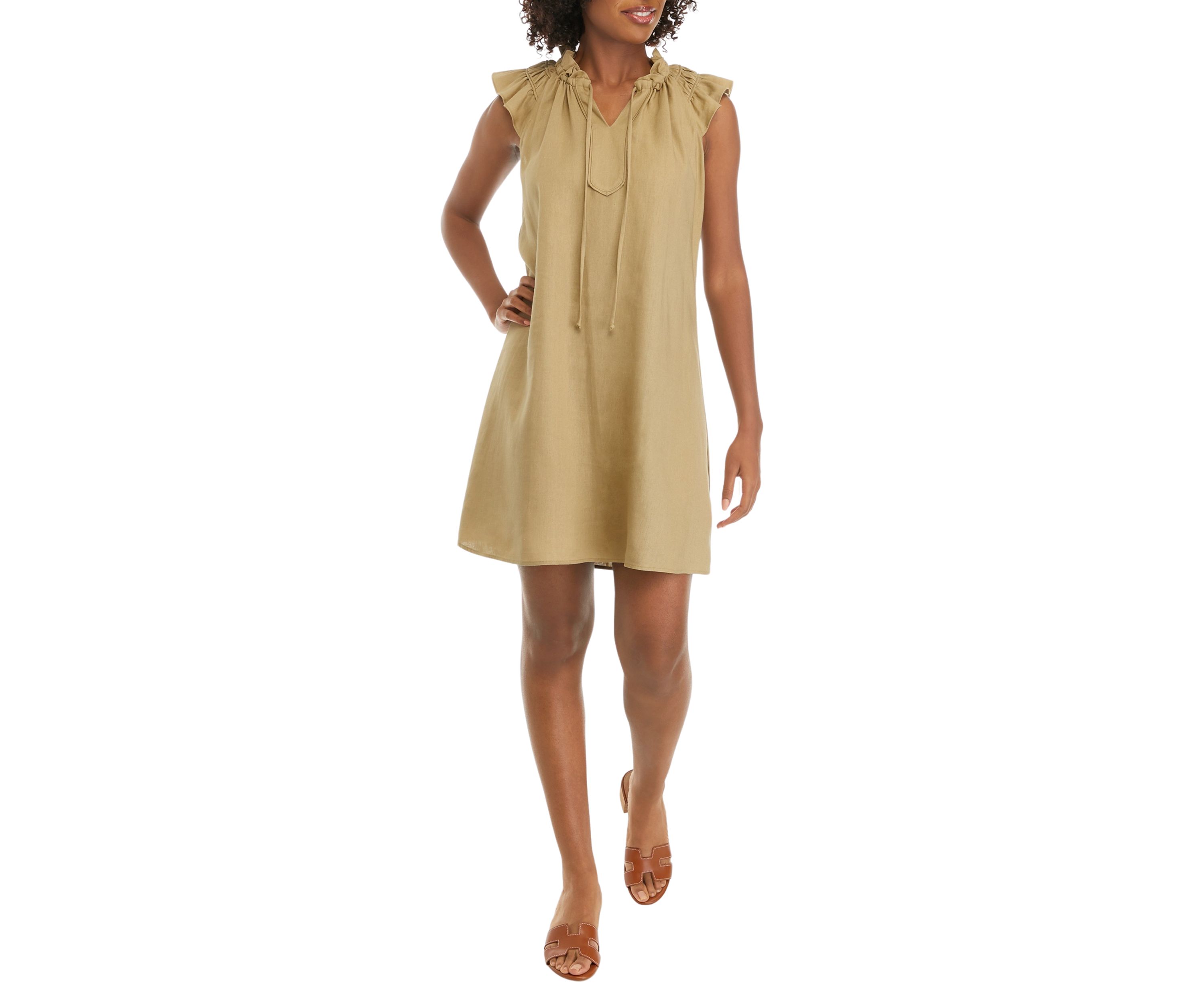Womens Flutter Sleeve Linen A-Line Dress
