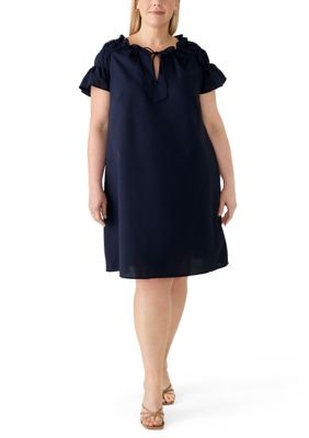 Robbie Bee Women's Plus Size Flutter Sleeve V-Neck Linen Mini Dress, Navy Blue, 3X