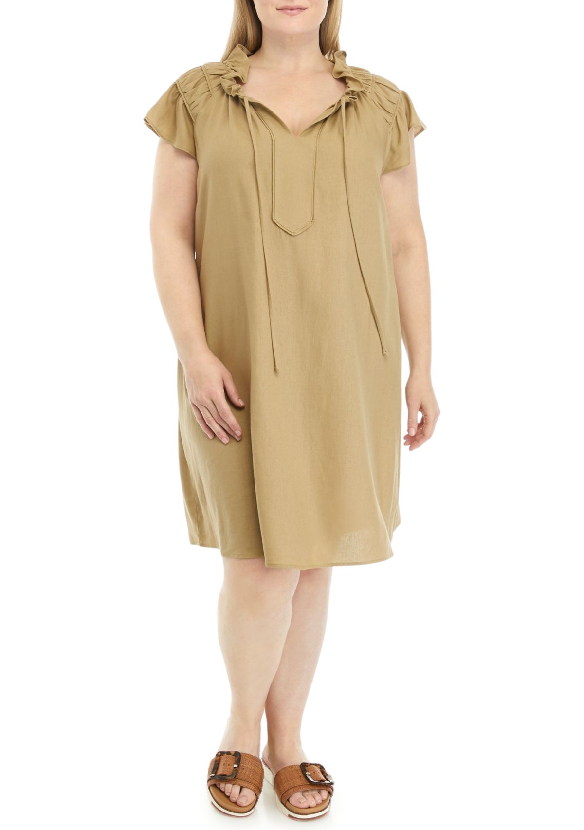 Womens Flutter Sleeve V-Neck Solid A-Line Dress