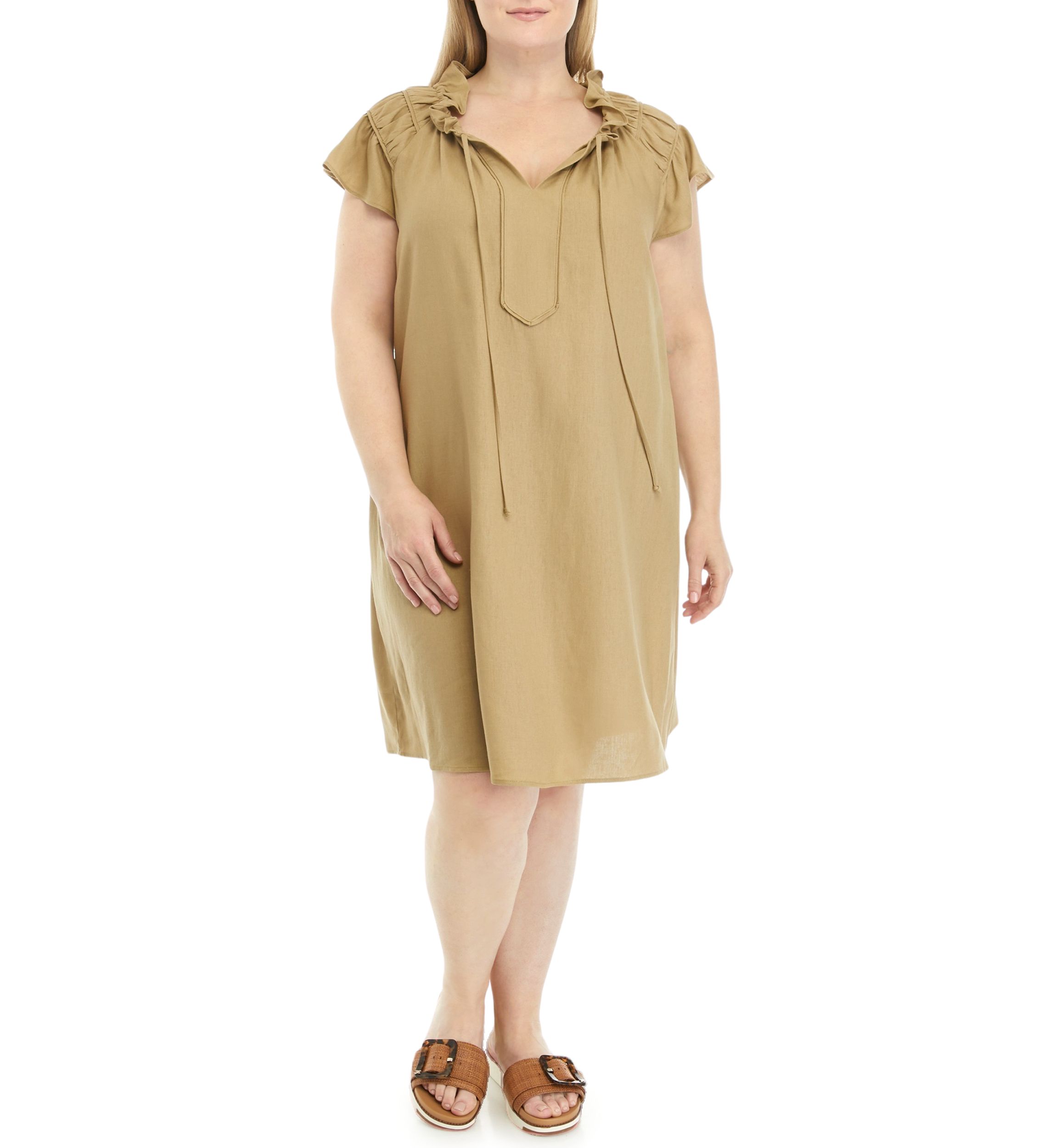 Womens Flutter Sleeve V-Neck Solid A-Line Dress