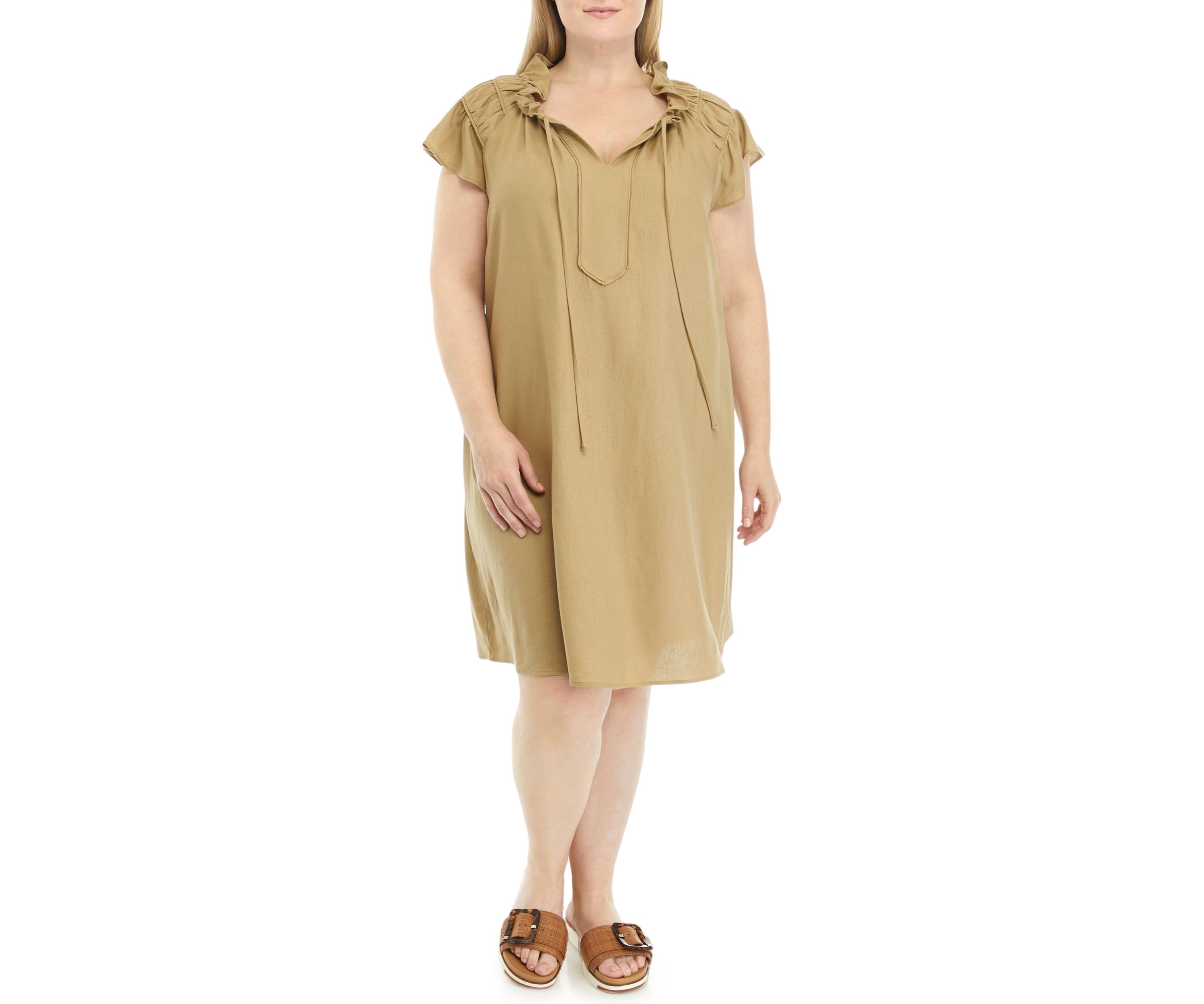 Womens Flutter Sleeve V-Neck Solid A-Line Dress
