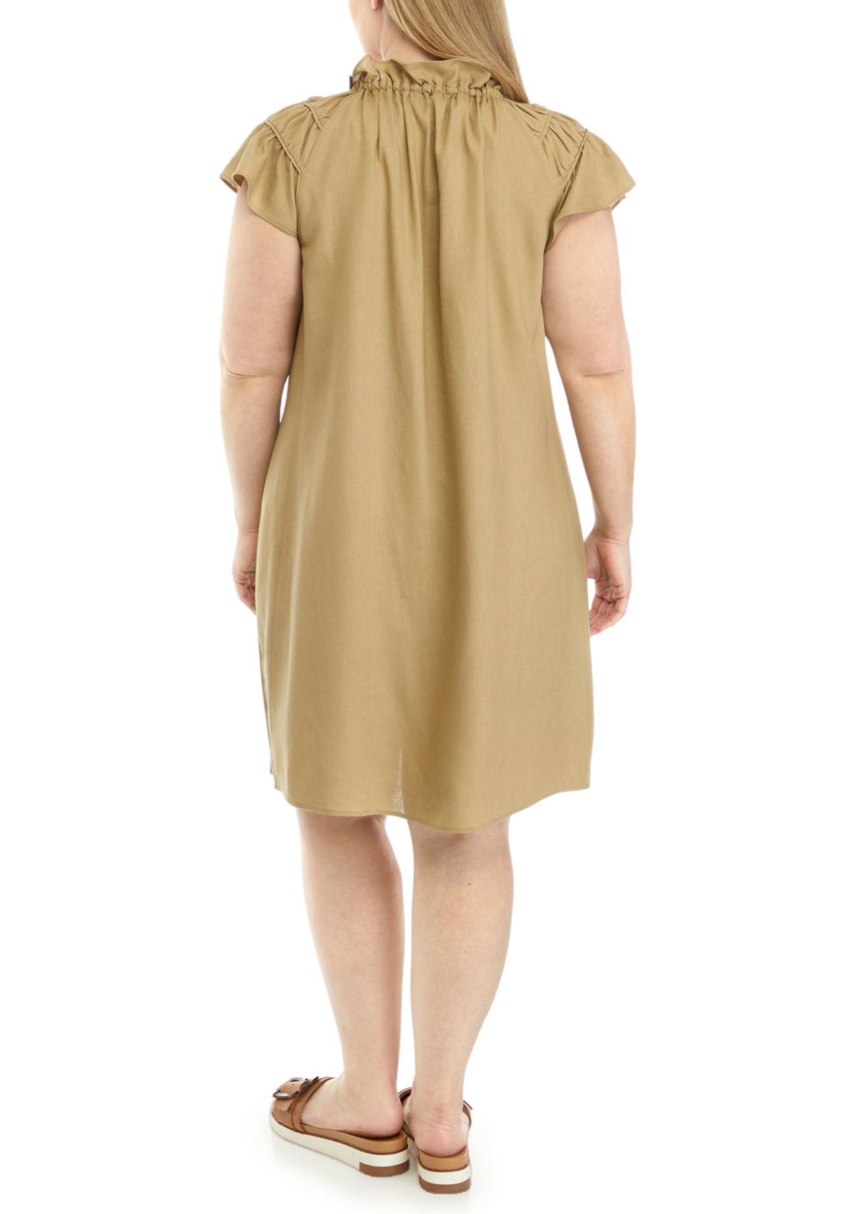 Womens Flutter Sleeve V-Neck Solid A-Line Dress
