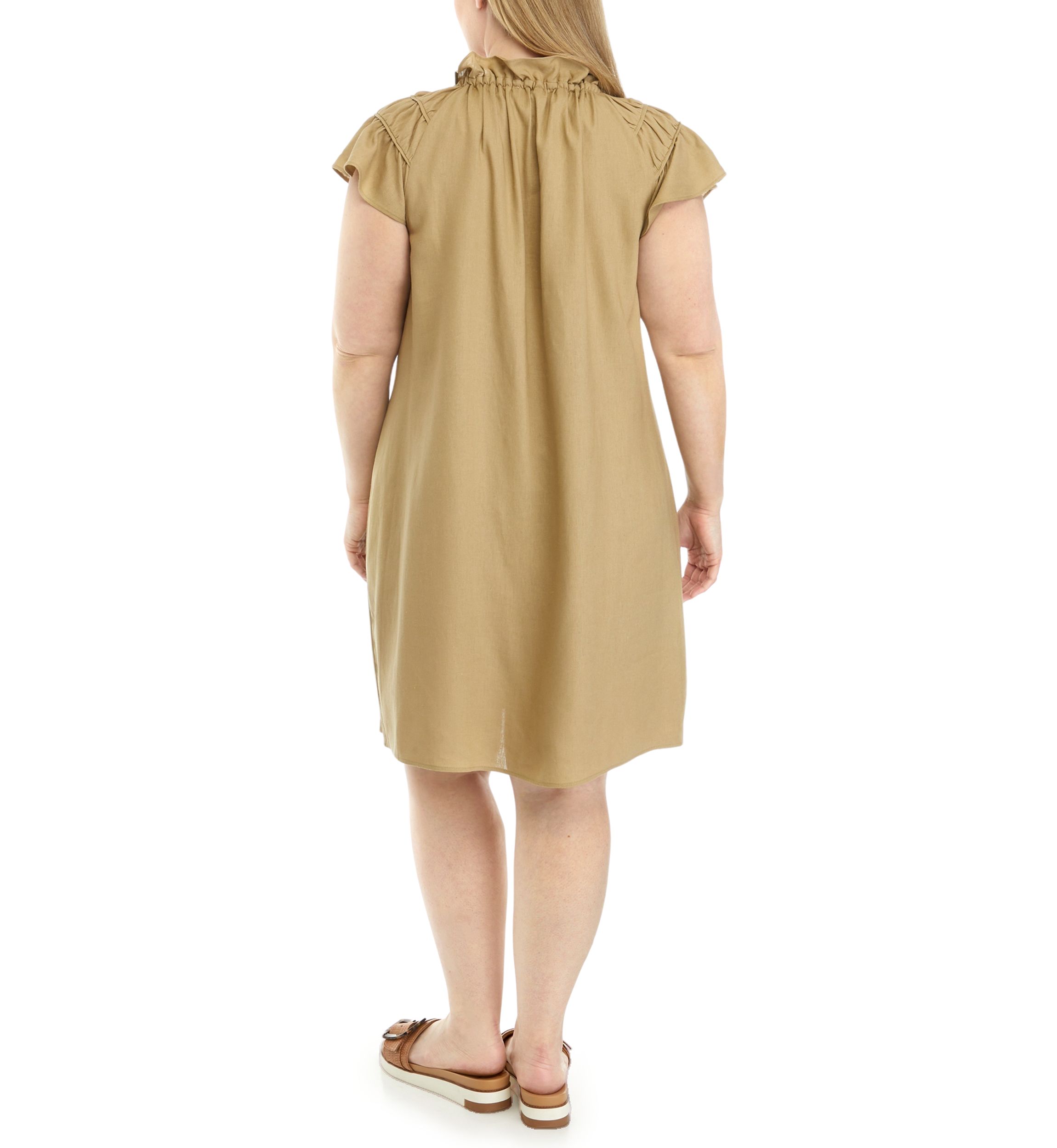 Womens Flutter Sleeve V-Neck Solid A-Line Dress