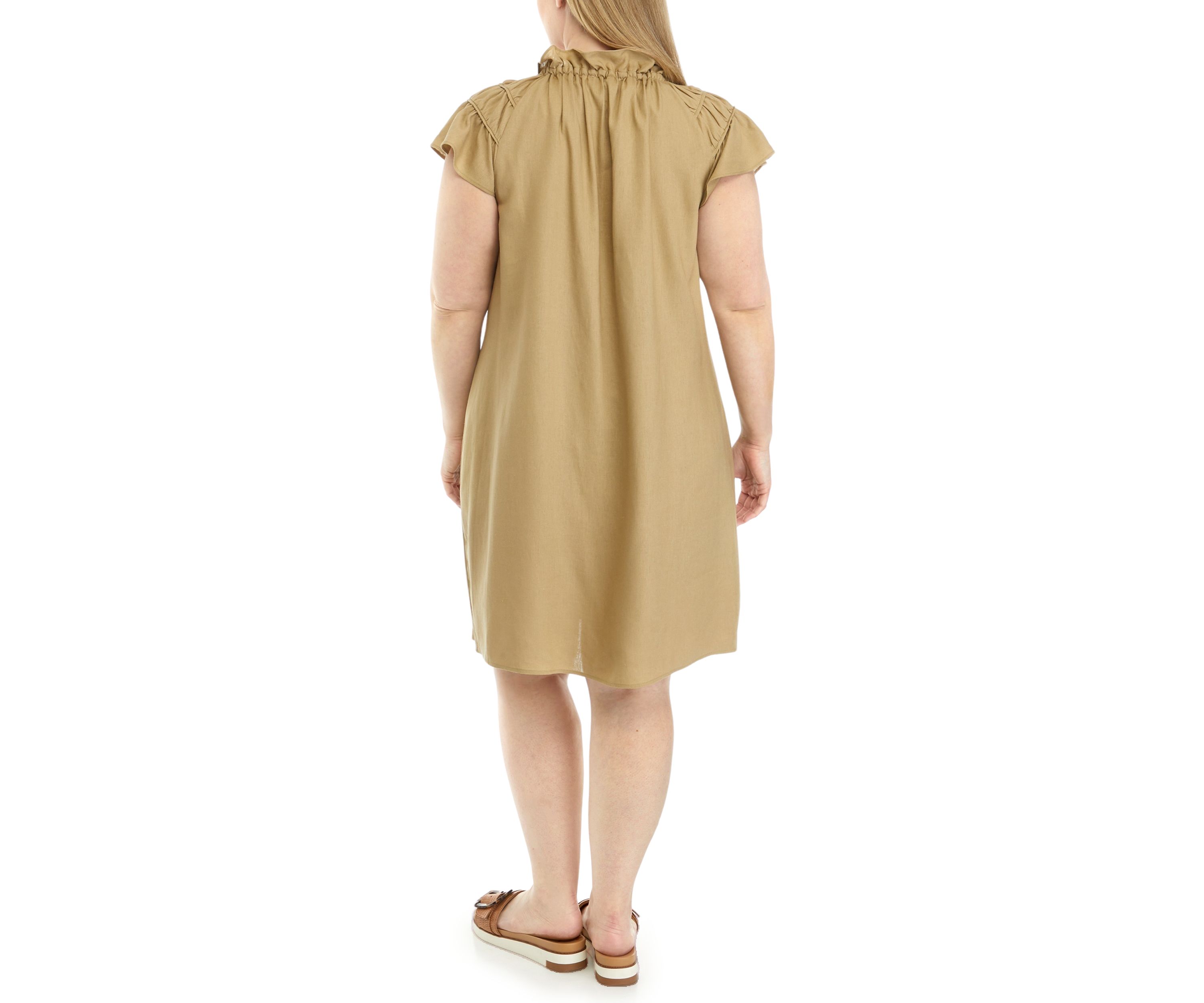 Womens Flutter Sleeve V-Neck Solid A-Line Dress