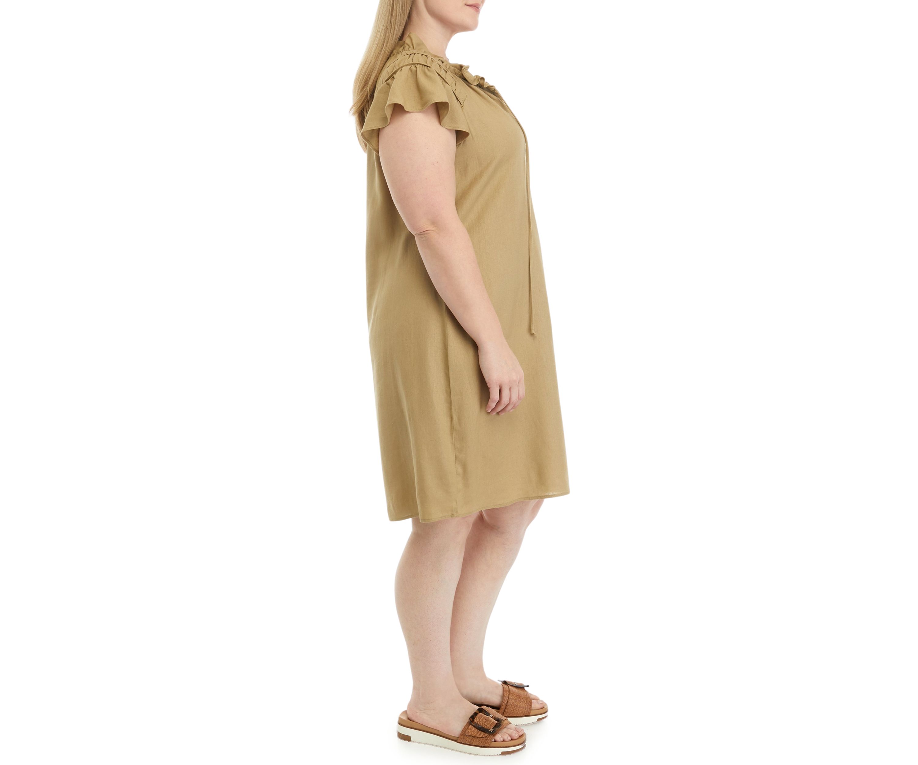 Womens Flutter Sleeve V-Neck Solid A-Line Dress