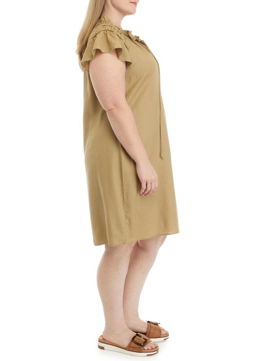 Womens Flutter Sleeve V-Neck Solid A-Line Dress