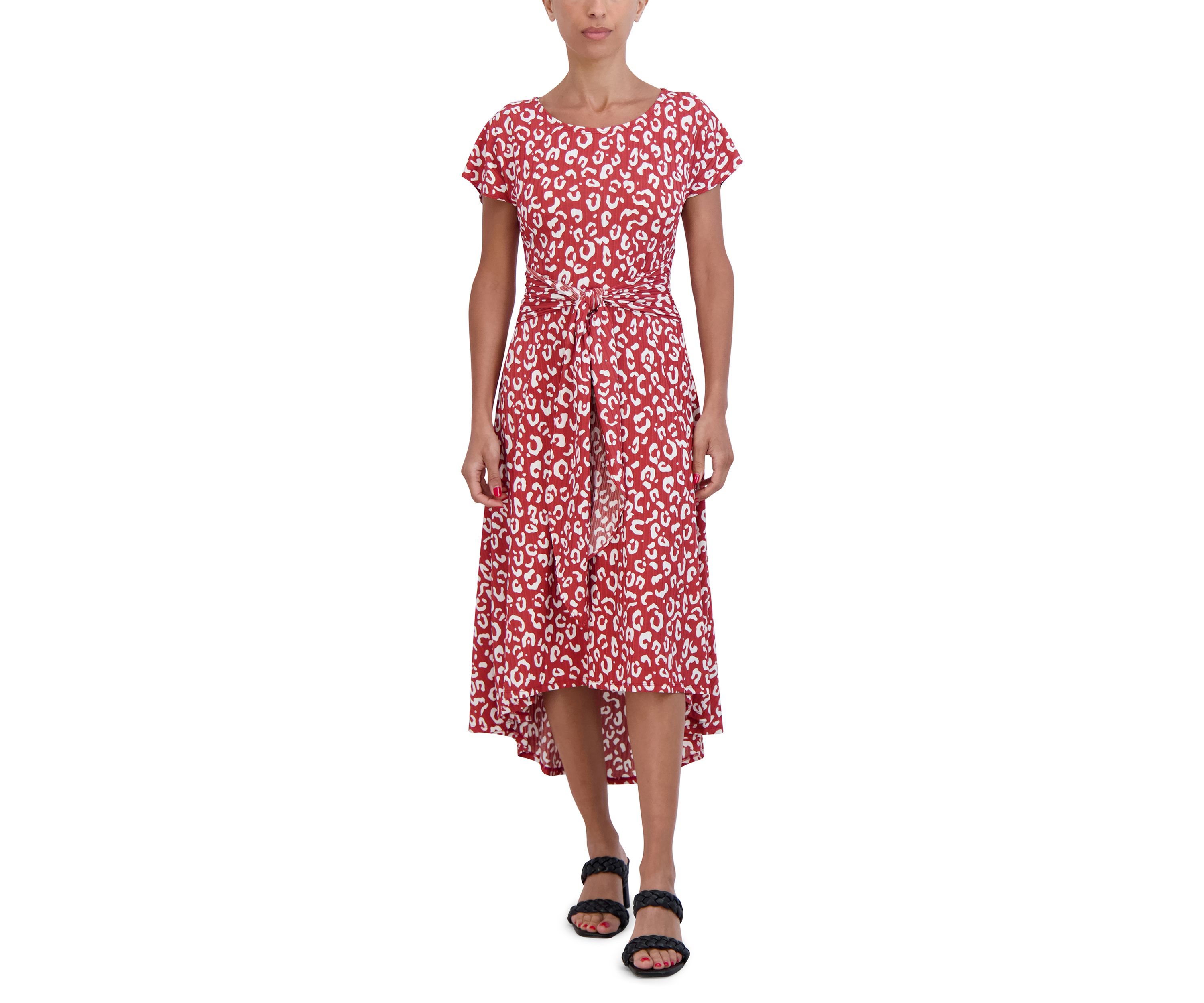 Womens Short Sleeve Tie Waist Floral Print Dress