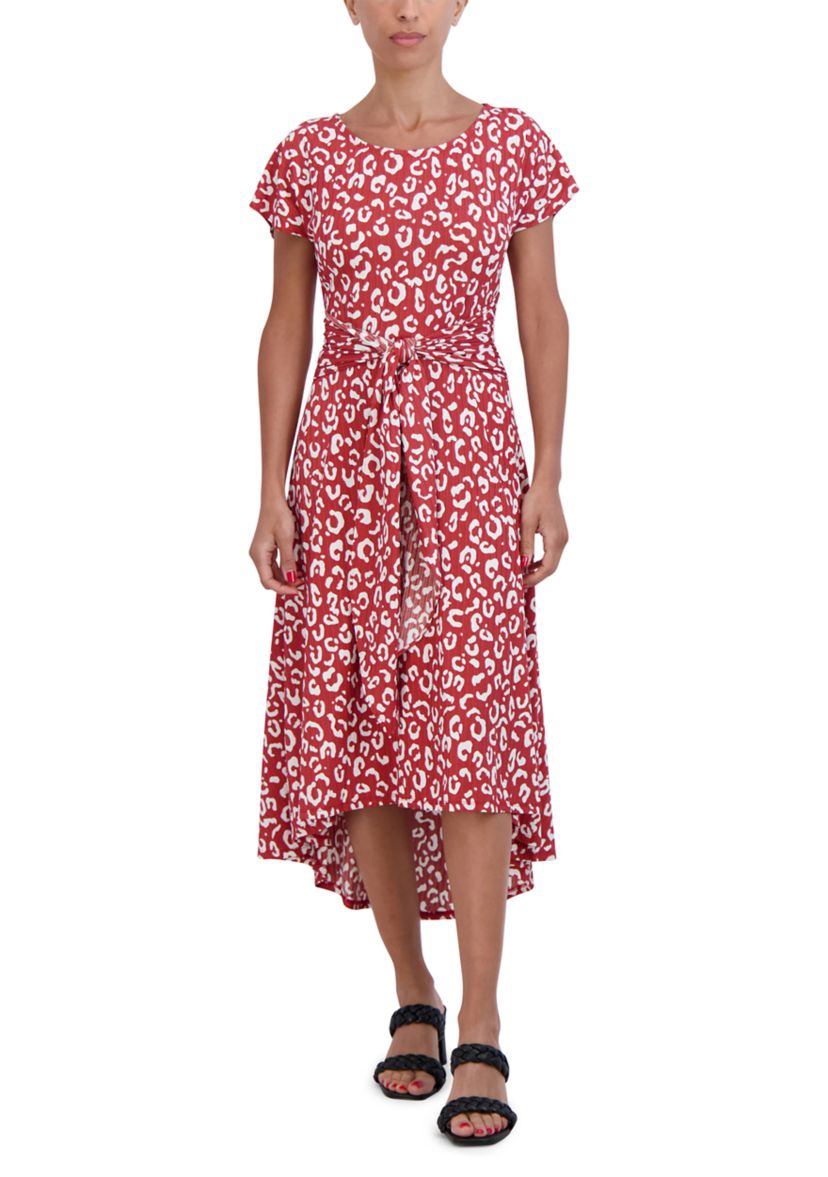 Womens Short Sleeve Tie Waist Floral Print Dress