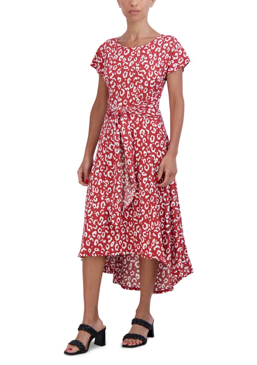 Womens Short Sleeve Tie Waist Floral Print Dress