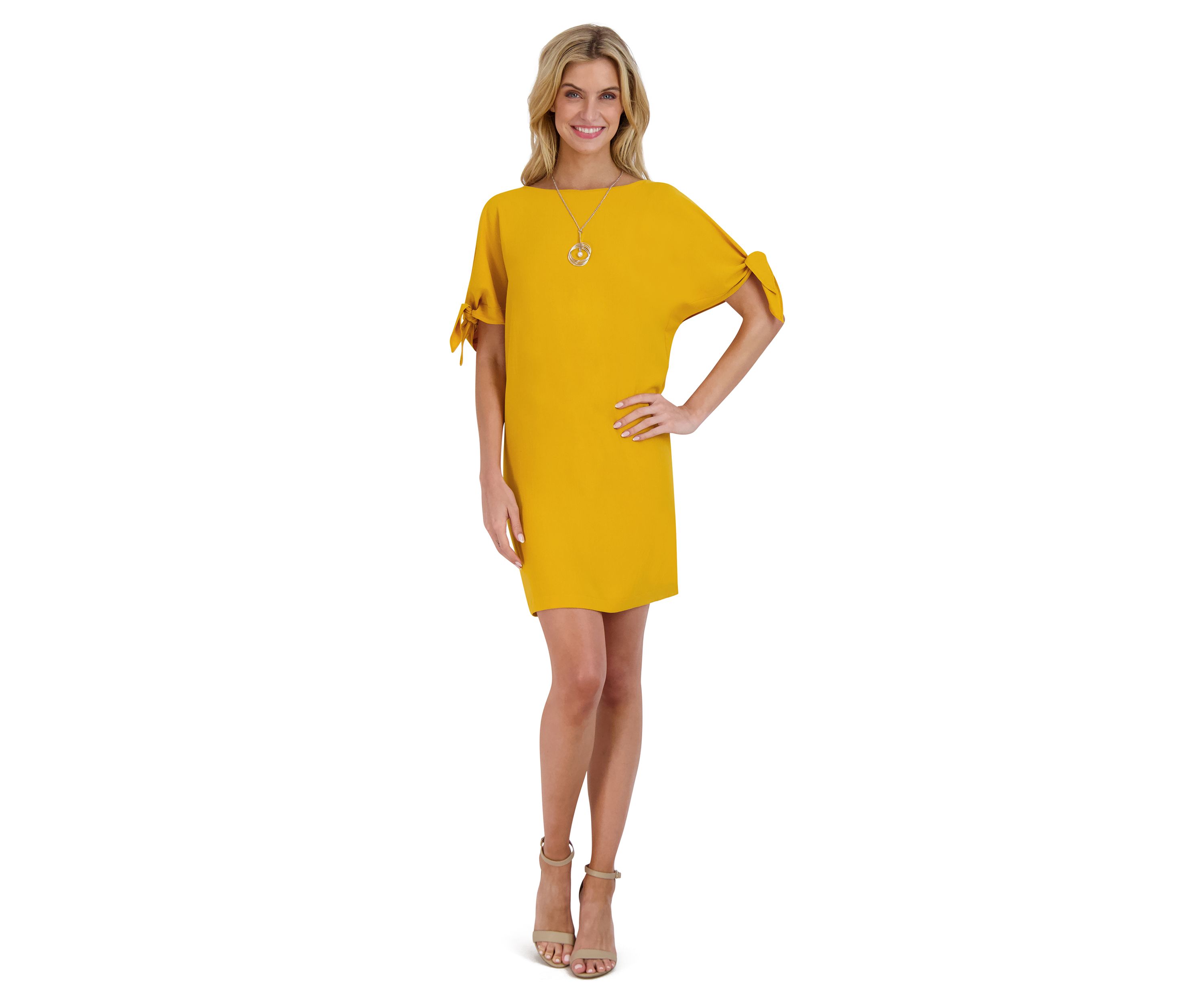 Womens Tie Sleeve Solid A-Line Dress