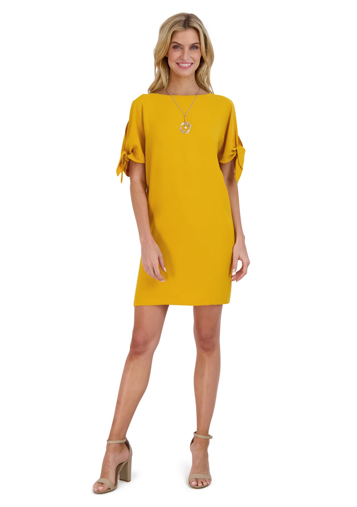 Womens Tie Sleeve Solid A-Line Dress