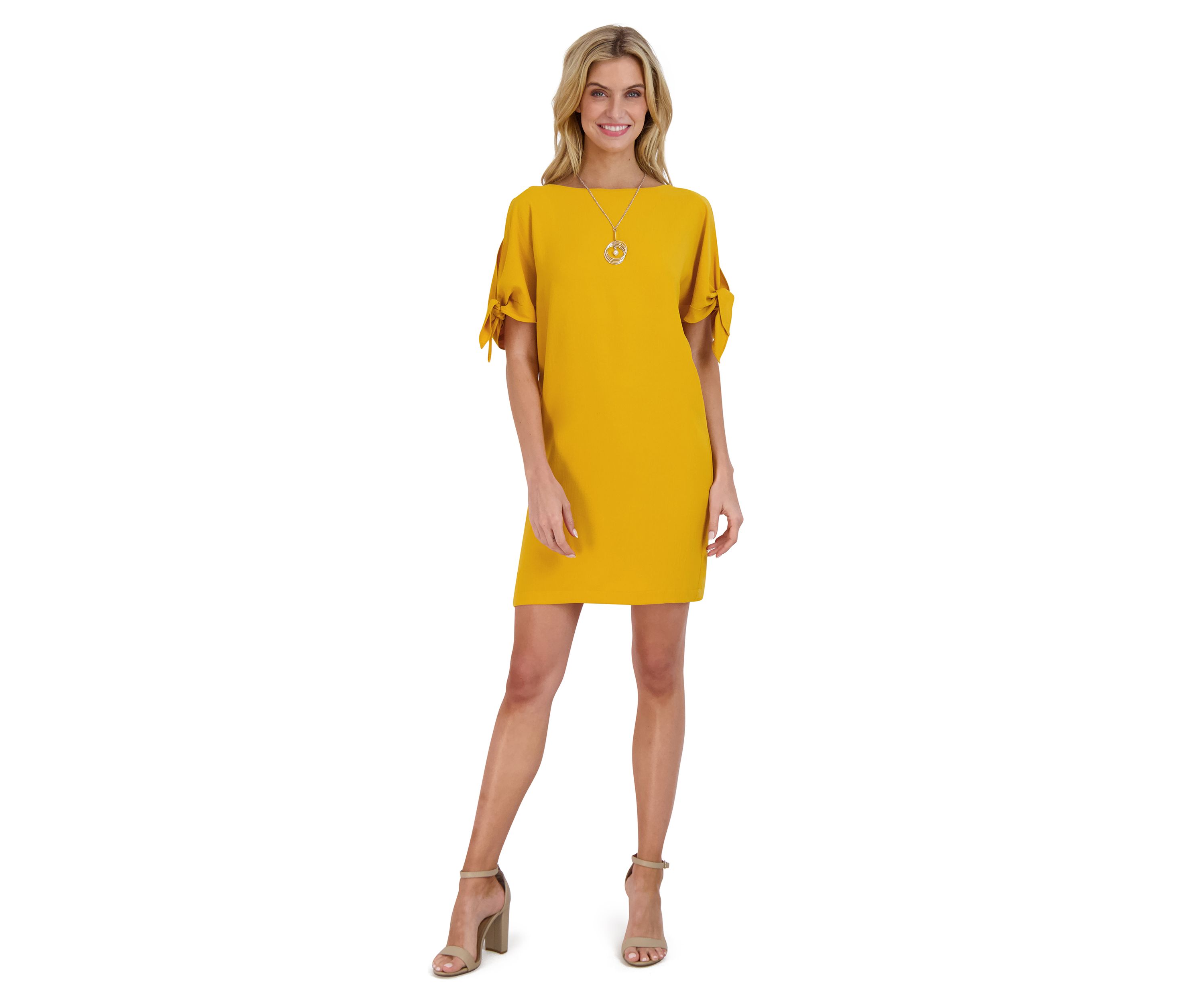 Womens Tie Sleeve Solid A-Line Dress