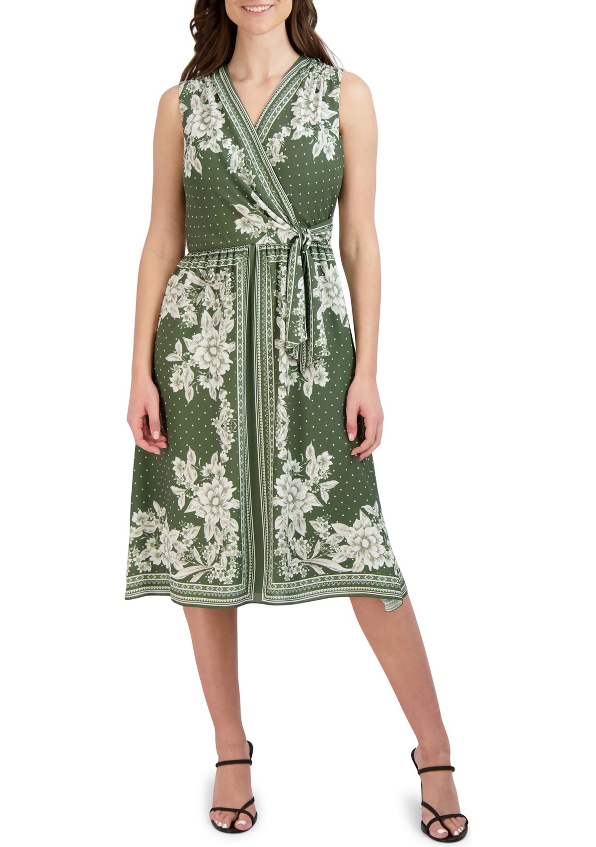 Womens Sleeveless Tie Waist Printed Chiffon Dress