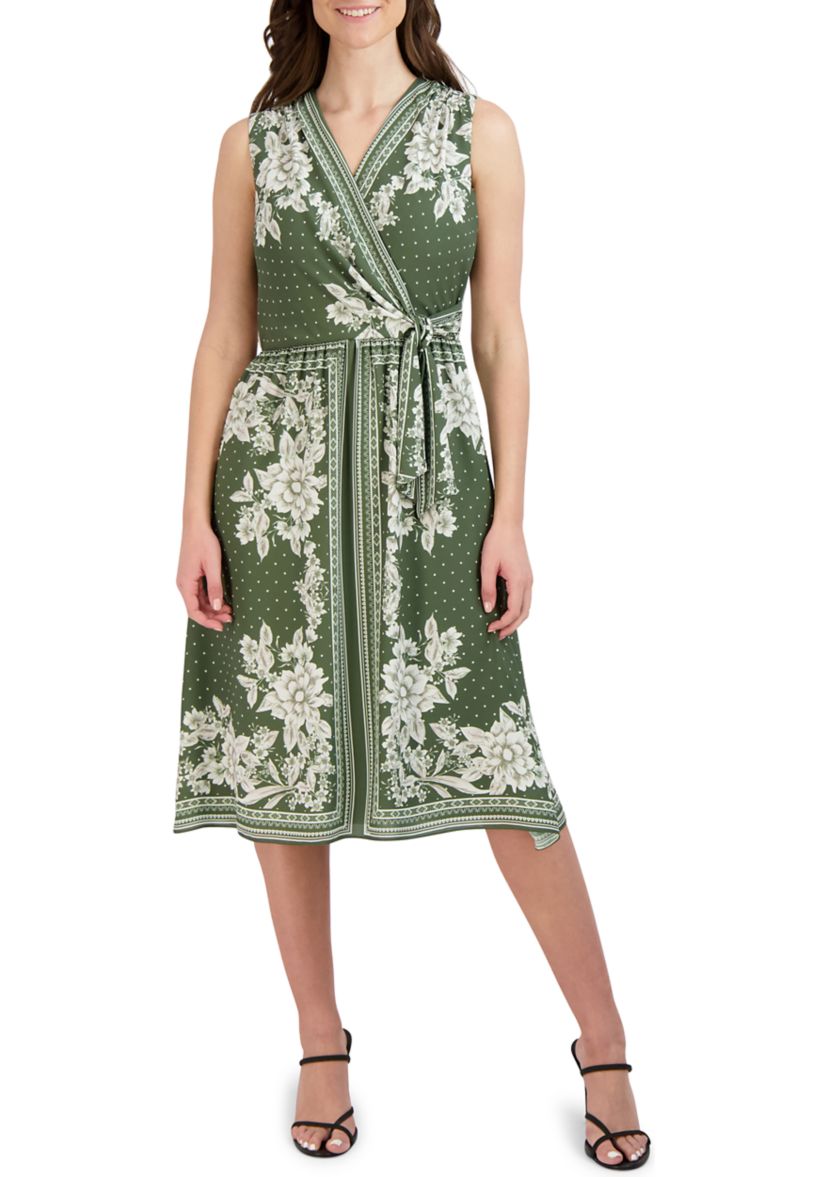 Womens Sleeveless Tie Waist Printed Chiffon Dress