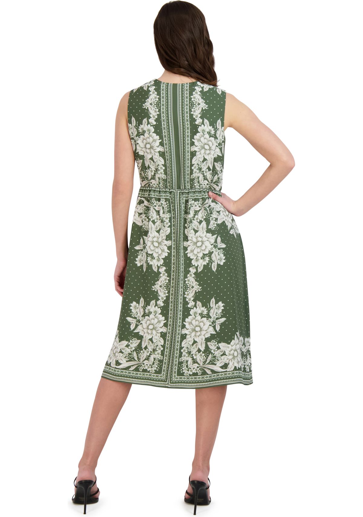 Womens Sleeveless Tie Waist Printed Chiffon Dress