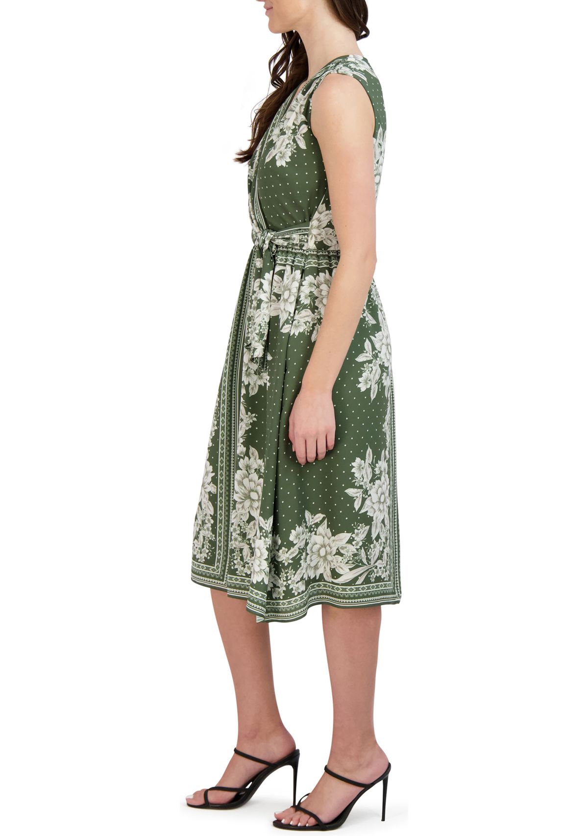 Womens Sleeveless Tie Waist Printed Chiffon Dress