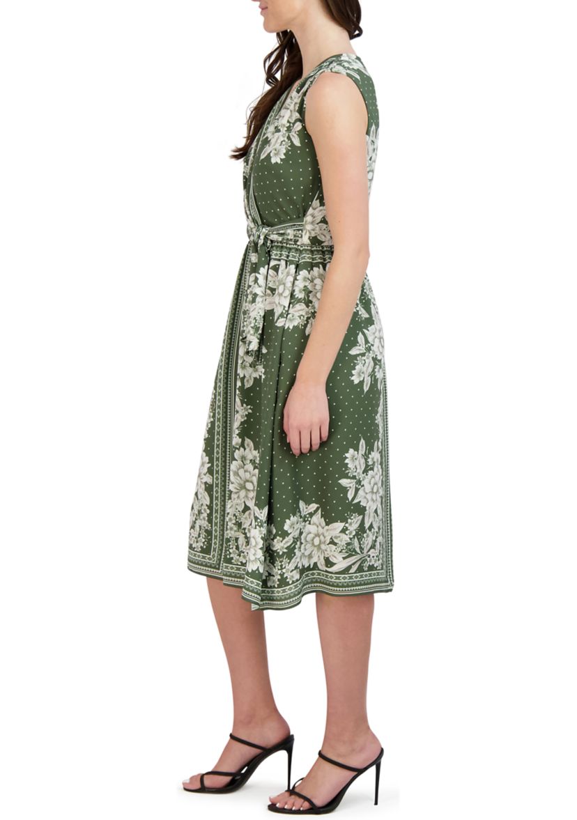 Womens Sleeveless Tie Waist Printed Chiffon Dress