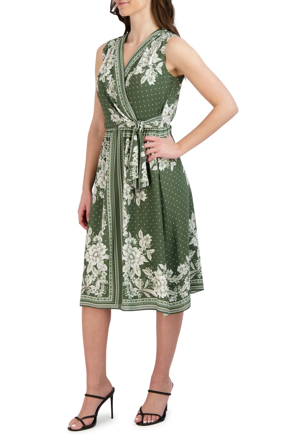 Womens Sleeveless Tie Waist Printed Chiffon Dress