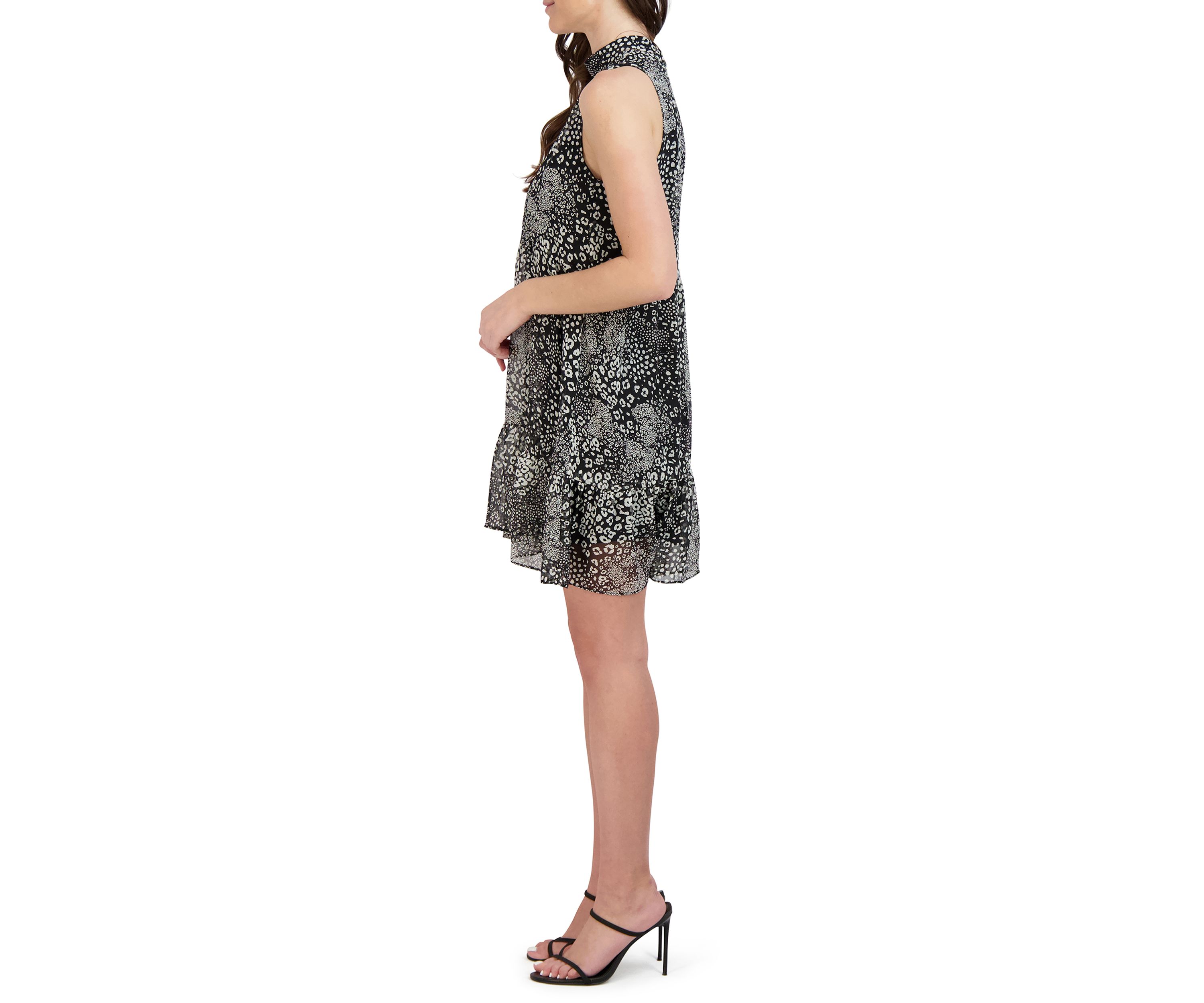 Womens Sleeveless Mock Neck Animal Print Chiffon Dress
