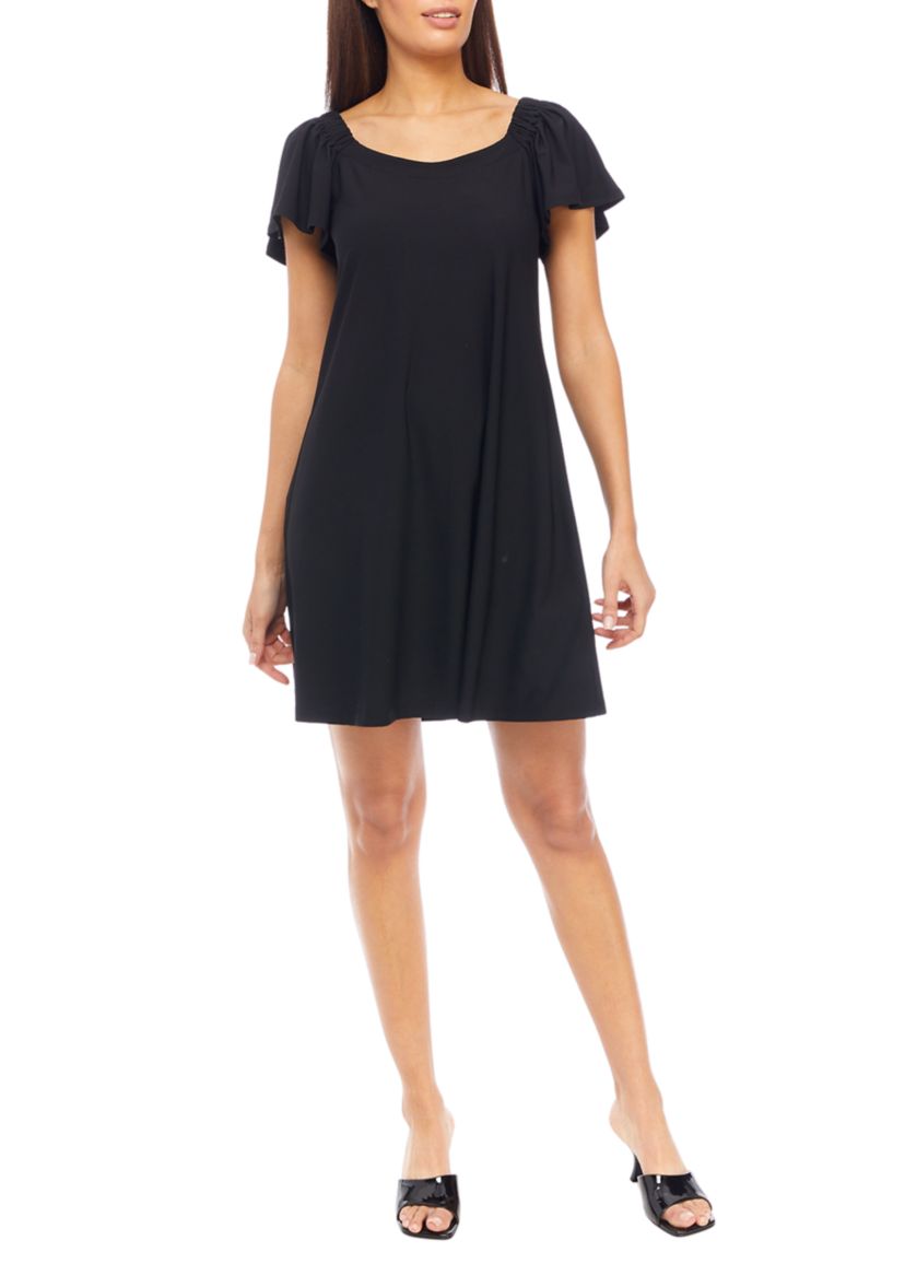 Womens Flutter Sleeve Scoop Neck A-Line Dress