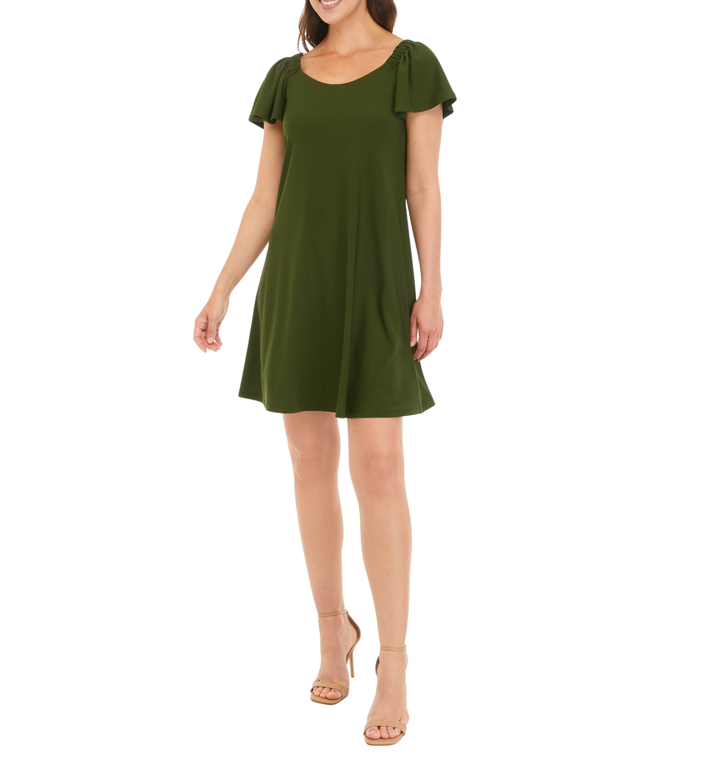 Womens Flutter Sleeve Solid Moss Crepe A-Line Dress