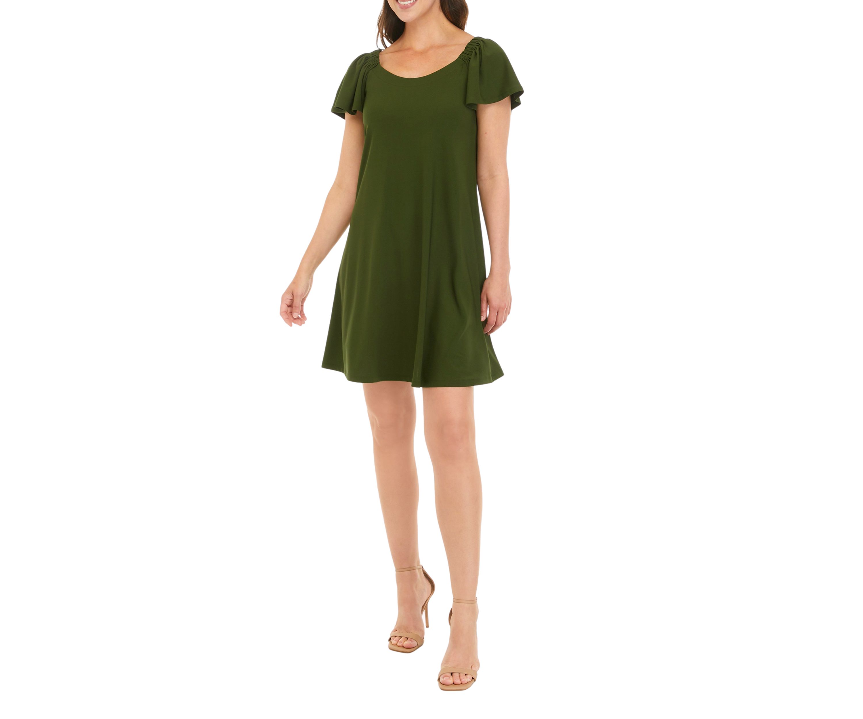 Womens Flutter Sleeve Solid Moss Crepe A-Line Dress