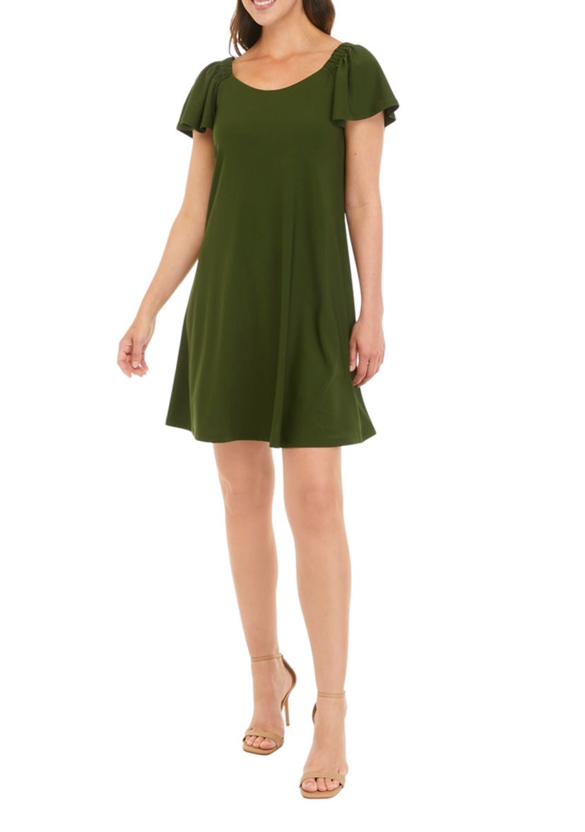 Womens Flutter Sleeve Solid Moss Crepe A-Line Dress