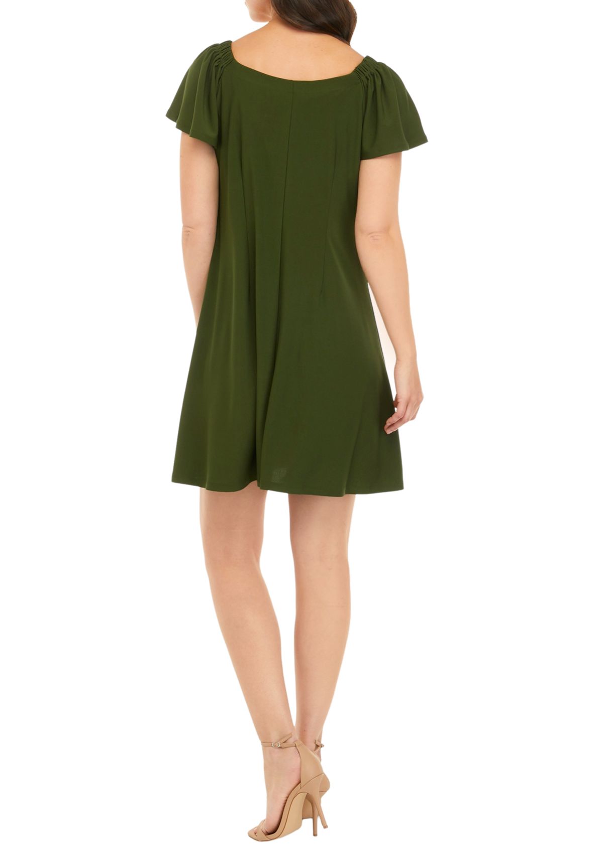 Womens Flutter Sleeve Solid Moss Crepe A-Line Dress