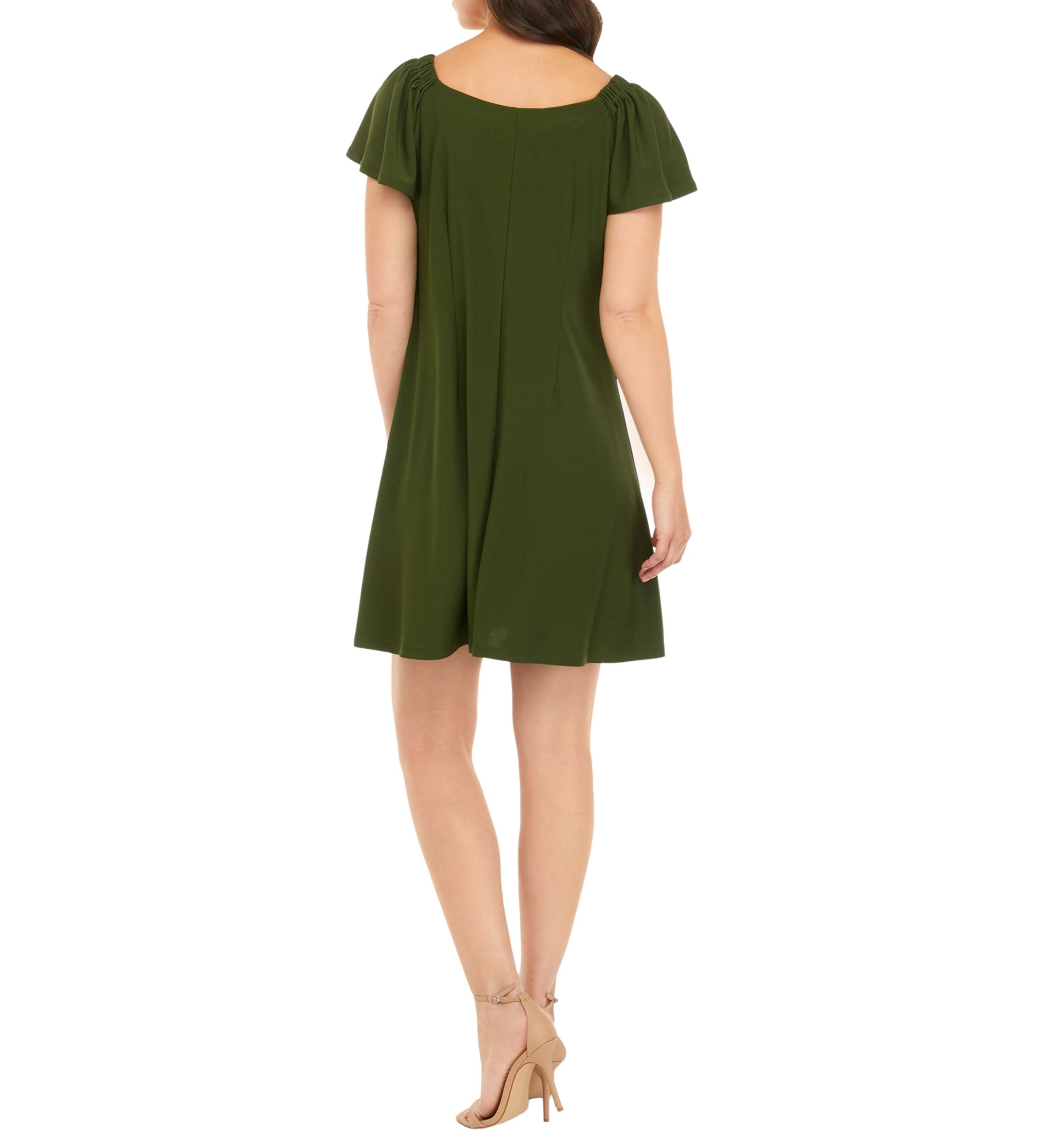 Womens Flutter Sleeve Solid Moss Crepe A-Line Dress