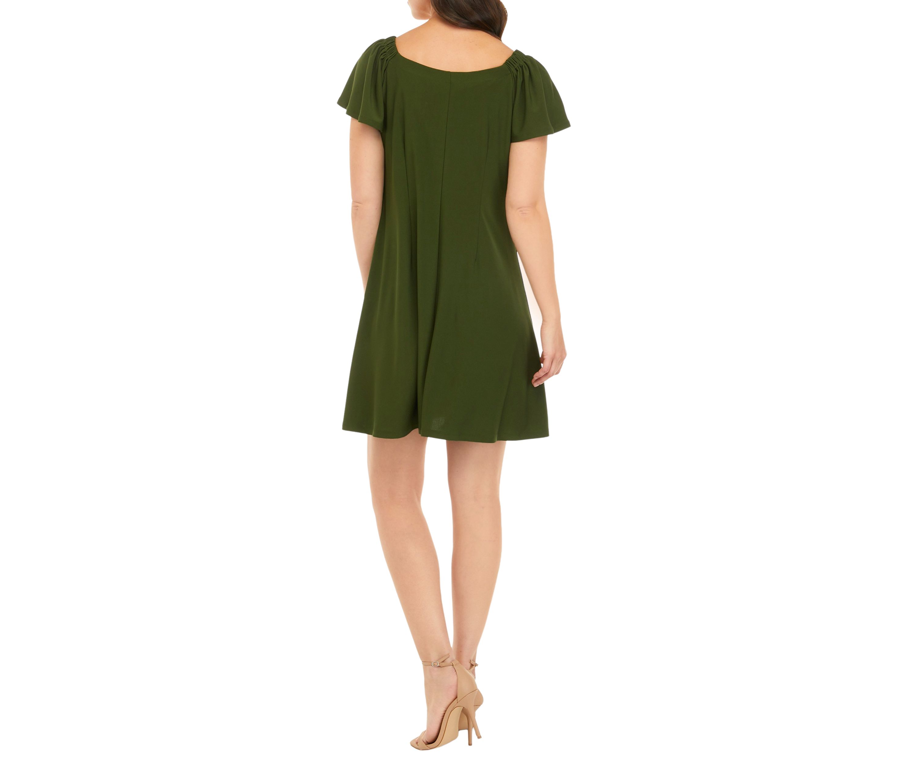 Womens Flutter Sleeve Solid Moss Crepe A-Line Dress