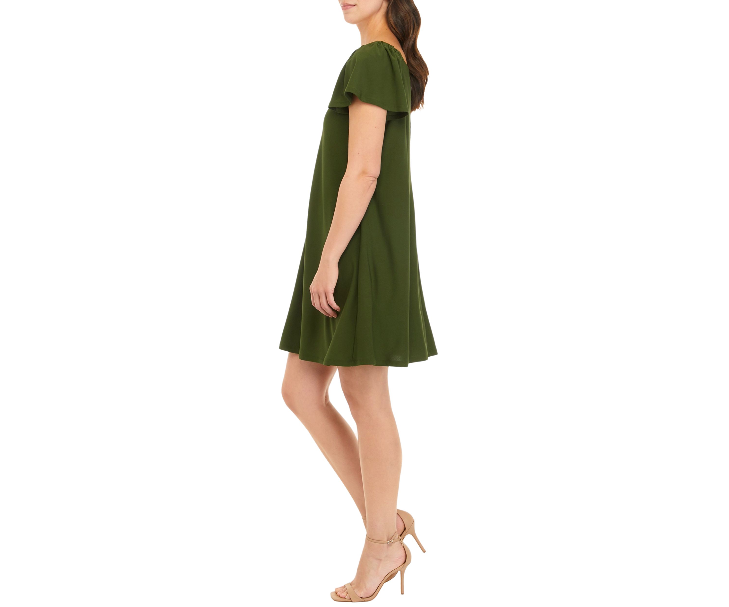 Womens Flutter Sleeve Solid Moss Crepe A-Line Dress