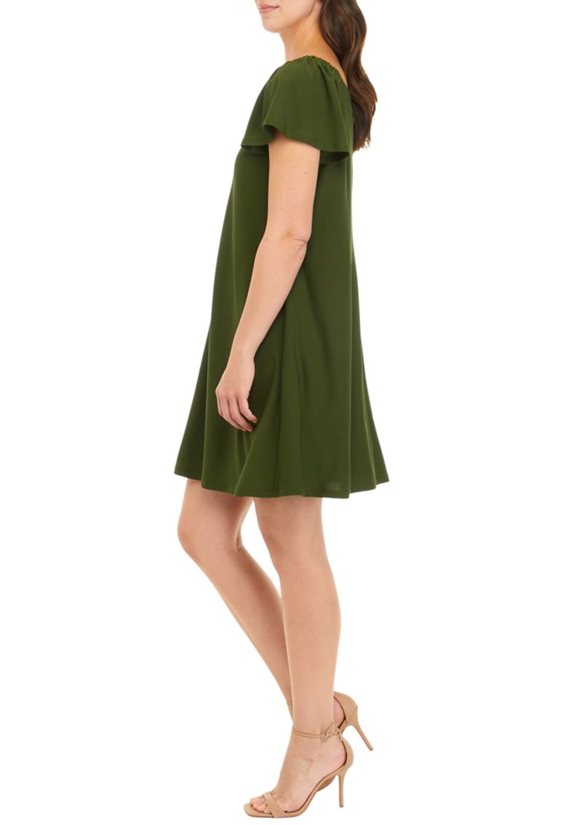 Womens Flutter Sleeve Solid Moss Crepe A-Line Dress