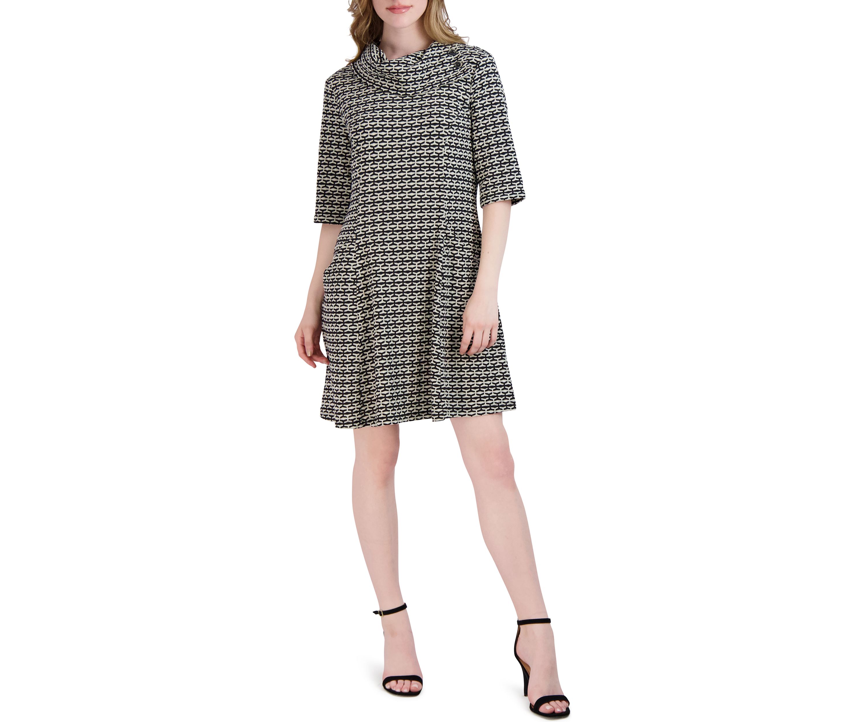 Womens Drape Neck Houndstooth Dress