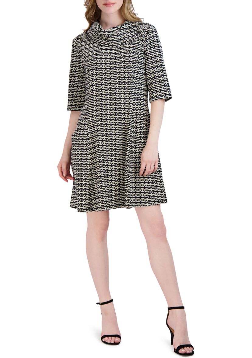 Womens Drape Neck Houndstooth Dress