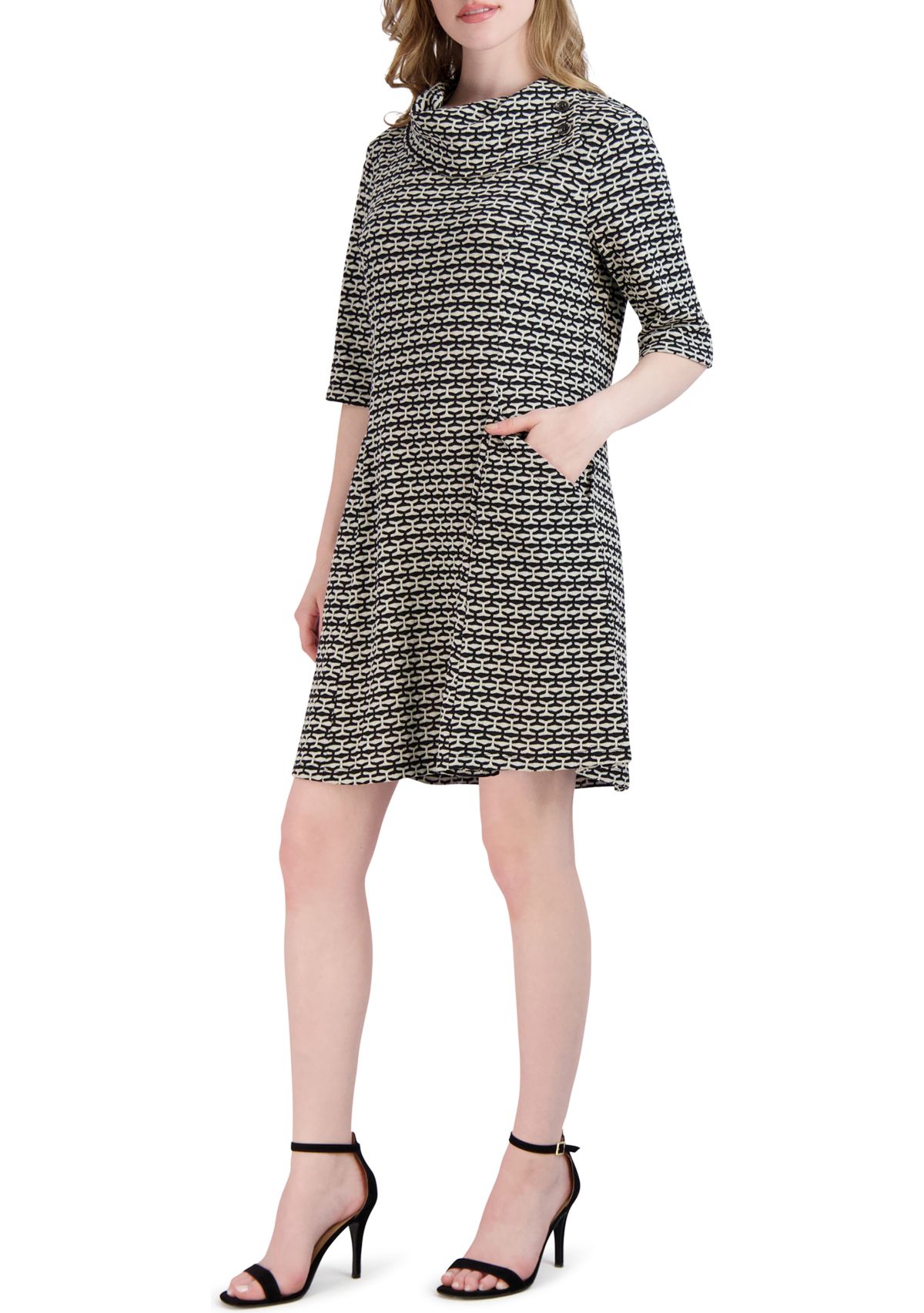 Womens Drape Neck Houndstooth Dress